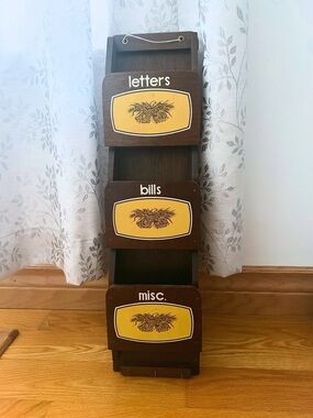 Vintage Wood Brown and Yellow Wall Mail Organizer